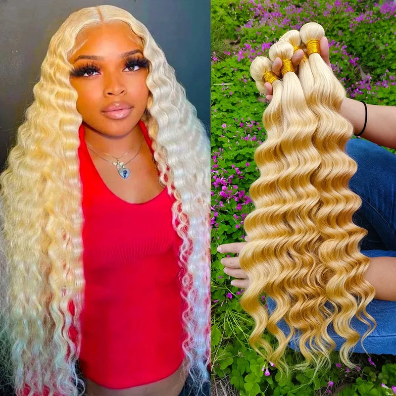 12A Human Hair 613 Blonde Bundles Deep Wave Unprocessed Brazilian Virgin Hair 1/3/4 Bundles Human Hair Extensions Quick Weave Human Hair