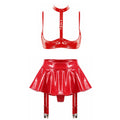 Lingerie Sexy Set Women Wetlook Patent Leather Wire-free Open Cup Sexy Bra with Ruffle Built-in Thongs Garter Belt Mini Skirts