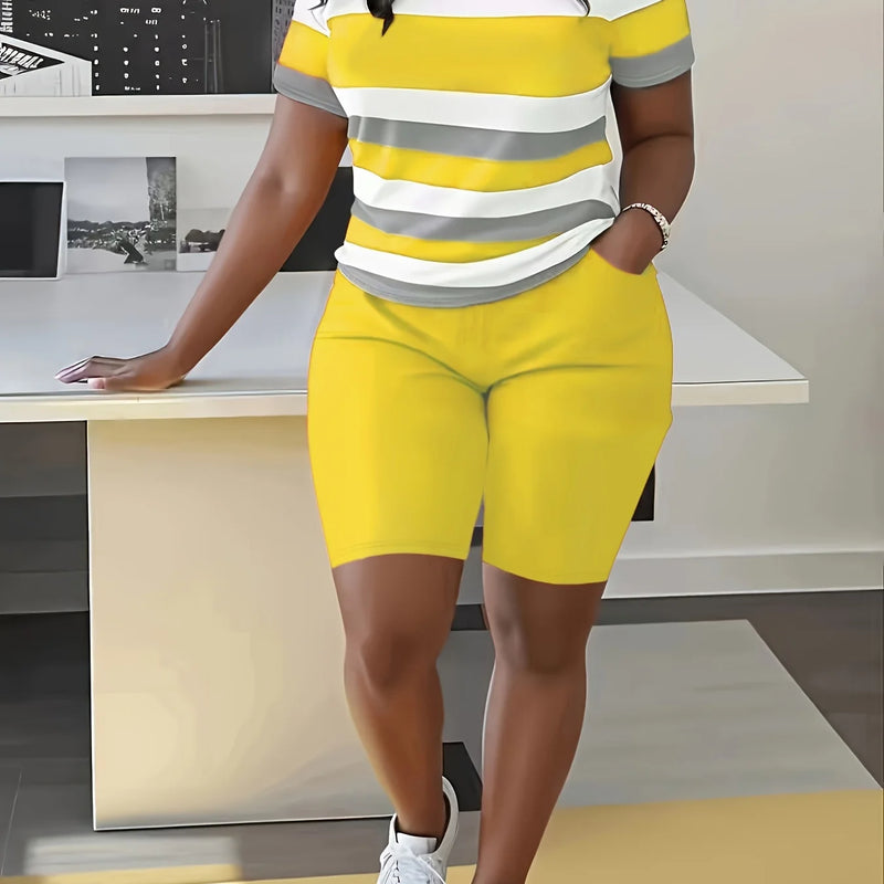 Trendy Plus Size Women's Two Piece Set Striped Short Sleeve Top and High Waist Shorts Casual Outfit