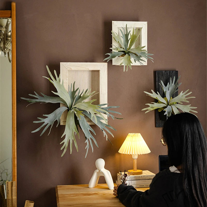 Artificial Tropical Plant Wall Hanging Decoration Antler Fern Green Plant Landscape Display Furnishings Home Decor, Wooden Frame