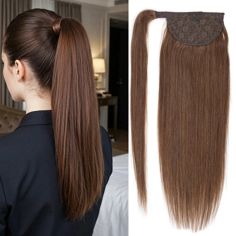 Straight Human Hair Ponytail Wrap Around Horsetail Clips-In Brazilian Remy Hair Ponytail Wig 120g