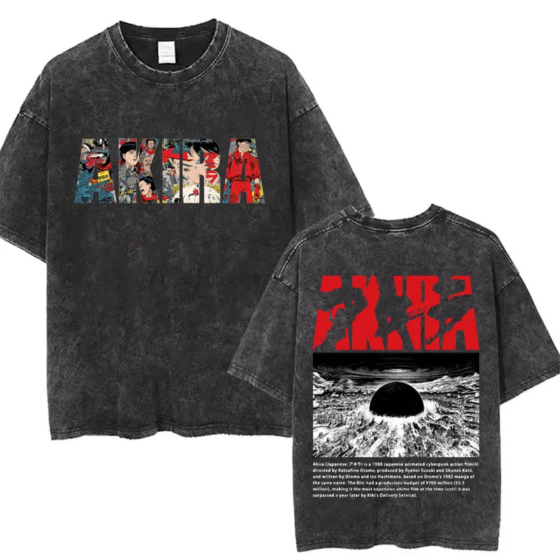 Washed Retro Japanese Anime Akira Print 100%Cotton Men Woment T-shirt Summer Autumn Daily Sports Party Casual Loose Short Sleeve
