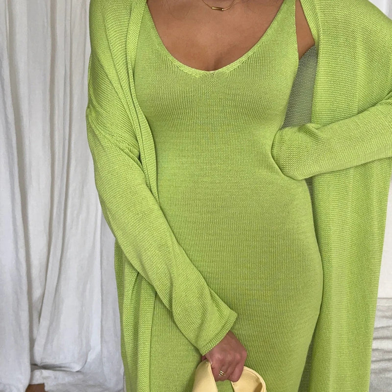 Tuularose Women Long Dress 2 Piece Solid Knitted Spaghetti Strap Dress Long Sleeve Cardigan Set Casual Fashion Female Dress Set