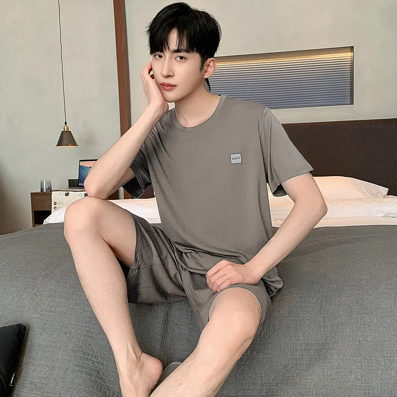 Summer New Men's Pajamas Homewear Set Men's Short-Sleeved Shorts Teenage Students Solid color Casual Pajamas Homewear Set
