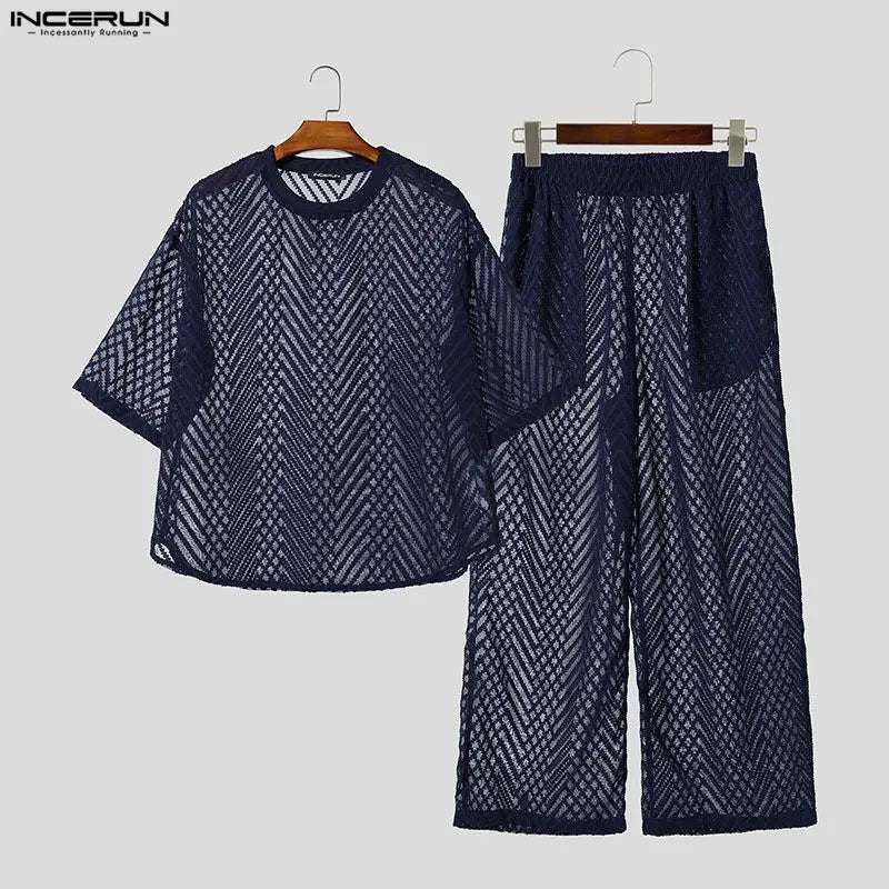 INCERUN Men's Sets See Through Mesh Short Sleeve T Shirt Pants Two Piece Streetwear Sexy Matching - View 4 | SAMAG