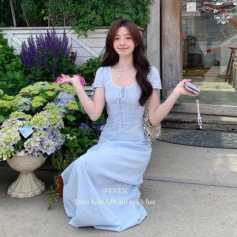 Women Sky Blue Textured Maxi Dress Lady Elegant Lace Square Neck Short Sleeve A-Line Dress Female Ethereal Date City Walk Dress