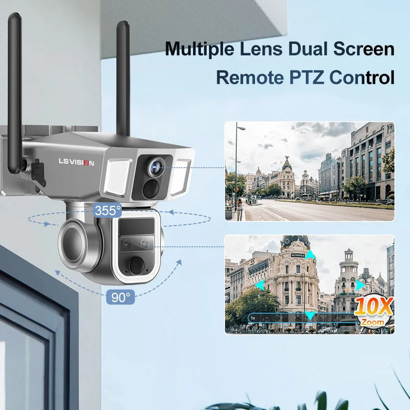 LS VISION  4G & wifi In 1 Solar Camera Outdoor 12MP 6K 10X Zoom Dual Screen PIR Detection Auto Tracking CCTV Survalance Cameras