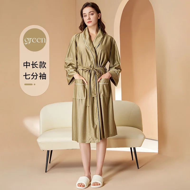 New Stripe Couple Bathrobe Cool Thin Spring Autumn Mid-Length Water Absorbent Loungewear Robe Men Women Luxury Home Nightgown