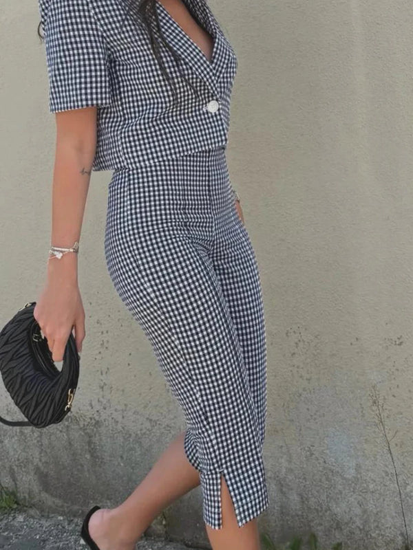 HH Women Casual Slim Plaid Blazer Pants Set 2026 Summer Autumn Gingham Short Blazer+High Waist Capri Pants Fashion Office Suits