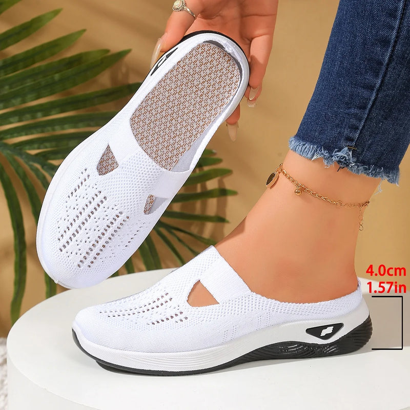 Women's Backless Walking Mules Non-Slip Breathable Knit Slippers for Elderly Ladies Indoor Outdoor Casual Shoes