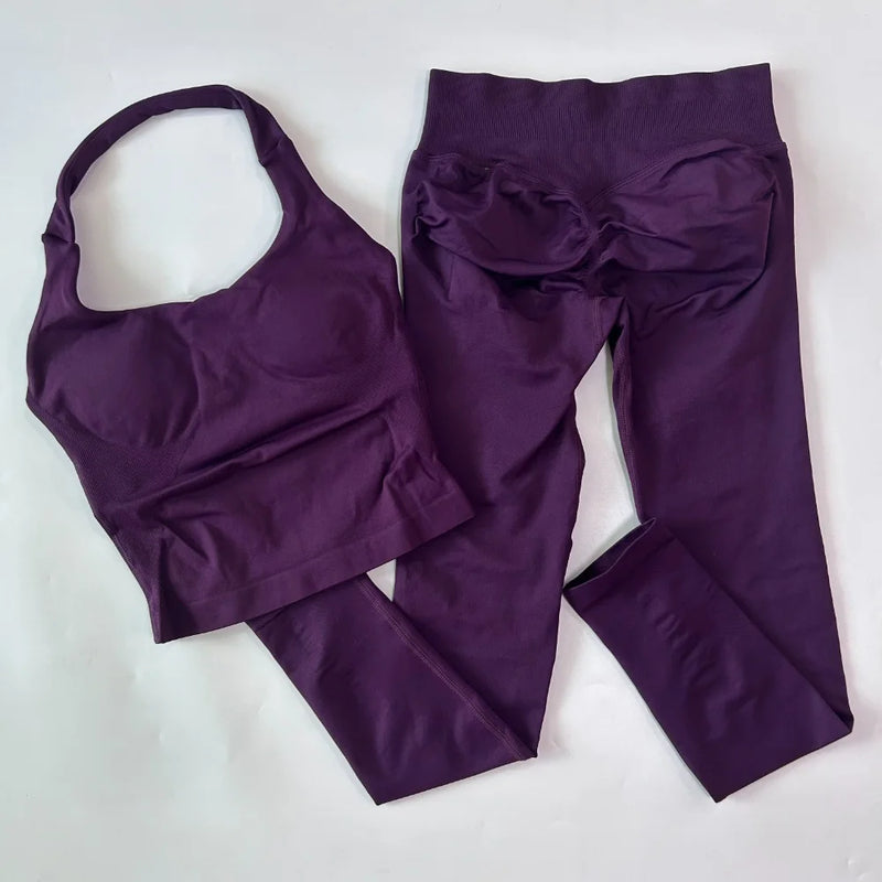 1-2pcs Gym Set Women Backless Tank Tops High Waist Scrunch Seamless Shorts High Waist Yoga Leggings Workout Sets Gym Suit