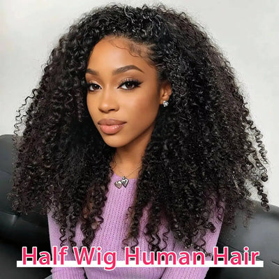 New Arrival 3 IN 1 Half Wig With Drawstring Seamless Human Hair Wig Kinky Curly Headband Wig Upgrade for Women Summer Machine Wigs