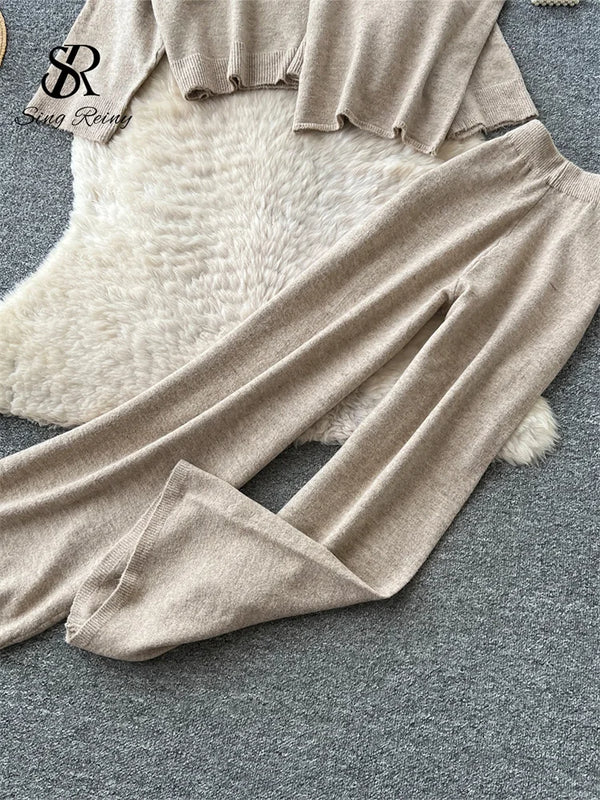 SINGREINY Lazy Knitwear Autumn Suits Simple Loose Pullover+Halter Mini Tank Top+Wide Leg Pants Women Sensual Sweater 3Pcs Sets