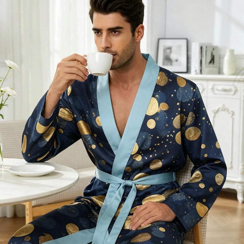 Men's lightweight quick-drying pajama bathrobe - 3D digital printing, non-fading design, stand-up collar and adjustable waistban