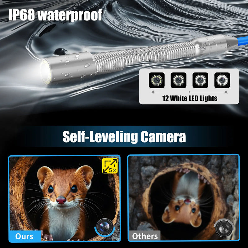 7mm 9" Pipe Inspection Camera with Trolley Pull Rod IP68 Sewer Pipeline Industrial Endoscope 512HZ Self-leveling Meter Counter