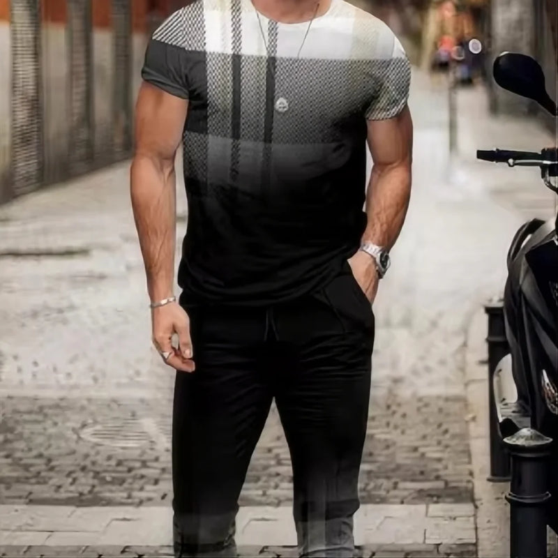 Summer men's T - shirt and pants sports suit abstract gradient 3D printed T - and set 2 - piece street wear - View 3 | SAMAG