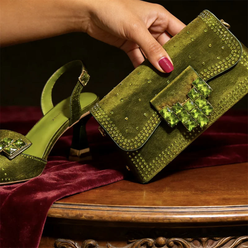 2026 INS Italian Design Olive Green Rhinestone Pointed-Toe Women's High Heels & Matching Bag Set - Ideal for Parties & Weddings