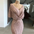 Vintage Lace Pink Evening Dress Women's V-neck Cap | SAMAG