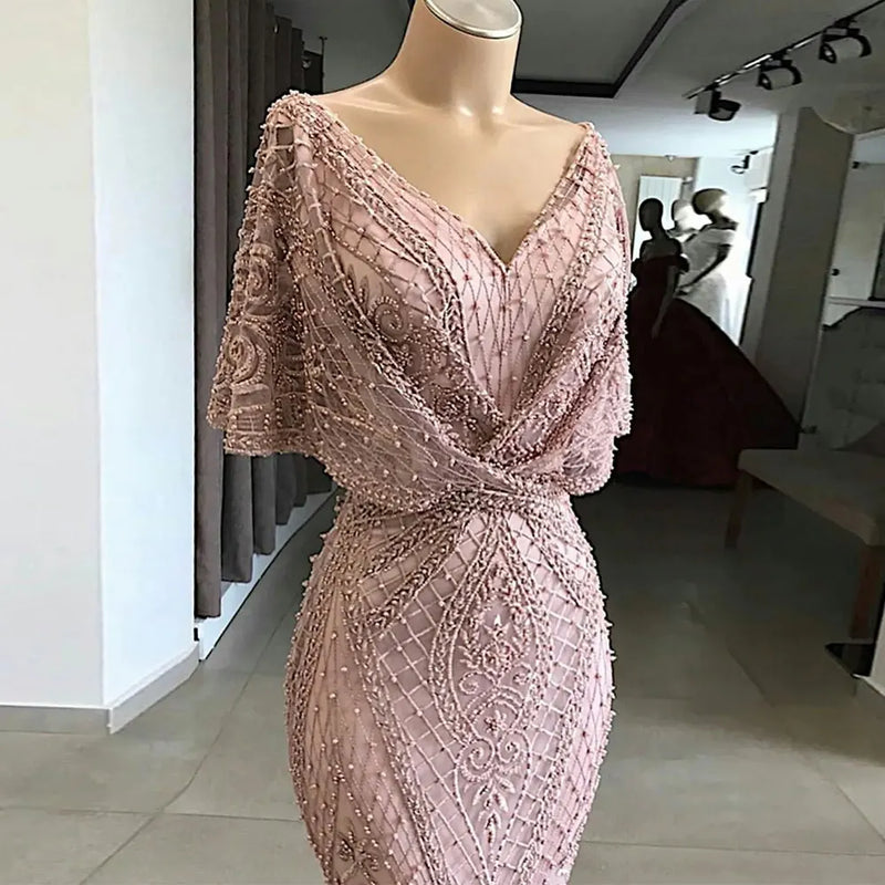 Vintage Lace Pink Evening Dress Women's V-neck Cap | SAMAG