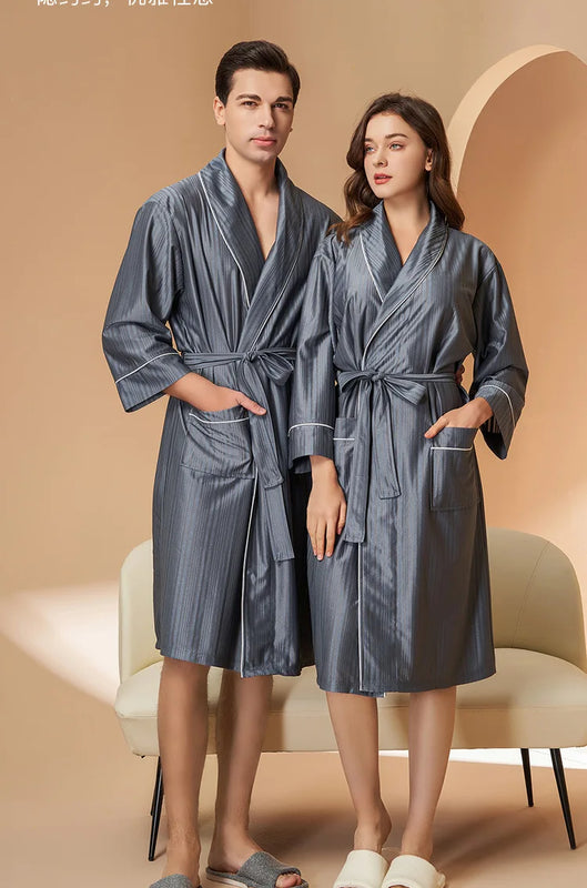 New Stripe Couple Bathrobe Cool Thin Spring Autumn Mid-Length Water Absorbent Loungewear Robe Men Women Luxury Home Nightgown