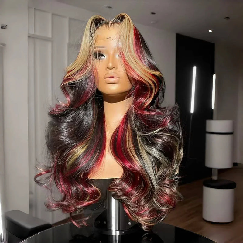 Red Black With Blonde Highlight 13X6 Lace Front Wig Body Wave Synthetic Glueless pre plucked With Baby Hair Lace Frontal Hair