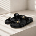 Women's Flat Slide Sandals Double Strap Buckle Premium Soft PU Leather Open Toe Casual Summer Beach Slippers 2026