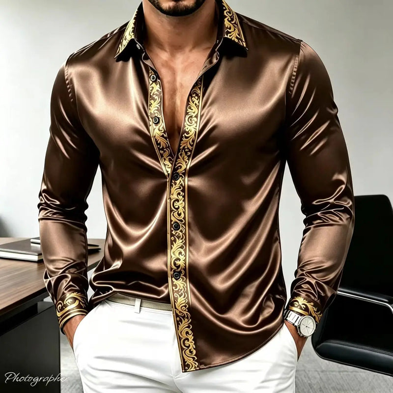 Men's Luxury Satin Silk Shirt Long Sleeve Gold Baroque | SAMAG