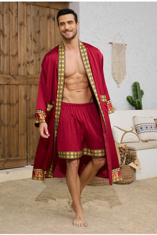 Spring Summer Men Pajamas 2PCS Robe Shorts Set Baroque Style Satin Kimono Bathrobe Nightgown Home Clothing Loungewear MY1170