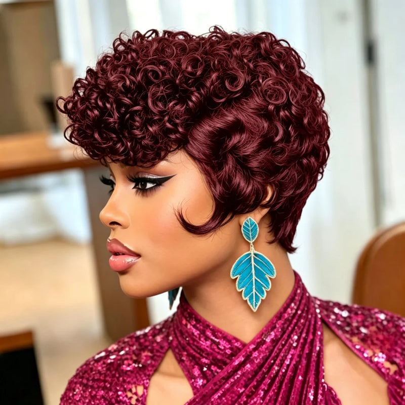 Full Machine Made Short Curly Human Hair Wig, Natural Black Pixie Cut Bob Wigs for Women, Soft Human Hair Short Curls Daily