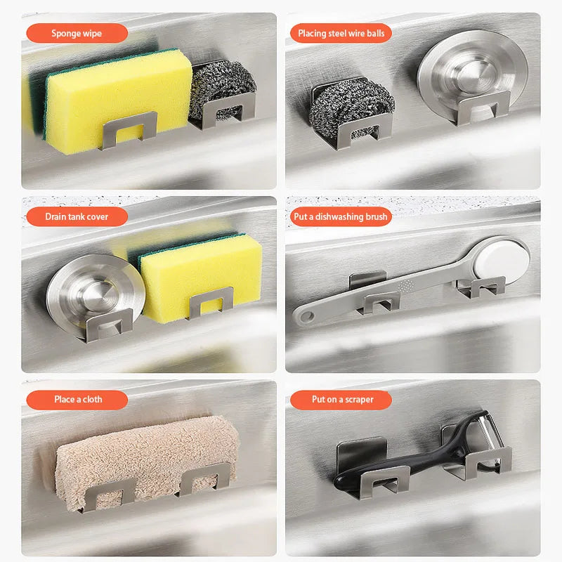 Stainless Steel Sink Tray Drainer Rack Kitchen Sponge Holders Self Adhesive Hook Storage Wire Rag Organizer - View 5 | SAMAG