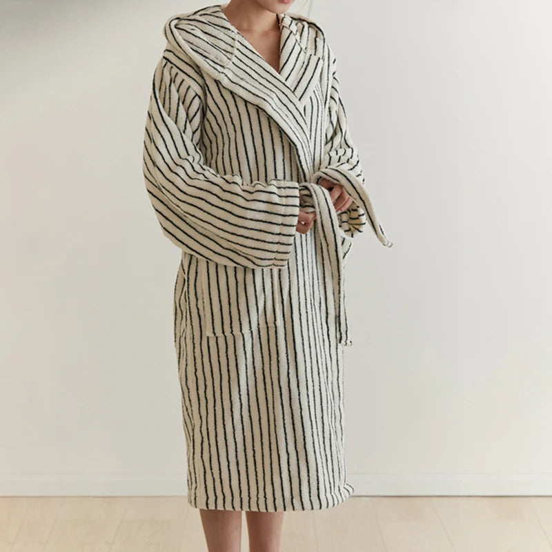 Retro Plaid Cotton Bathrobe Super Soft Absortion Hooded Loose Bath Robe Coat Towel V Neck Warm Sleepwear Robes Women Homewear
