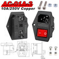 IEC 320 C13 C14 AC Inlet Power Plug Socket 250V 10A Fuse Red Lamp Rocker Switch Rewirable 3Pin Electrical Male Female Connector