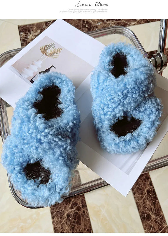 Real Wool Fur House Slippers Solid Color Cross Strap Fluffy Fur Slides Funny Comfortable Fuzzy Slippers Women's Shoes Trend 2026