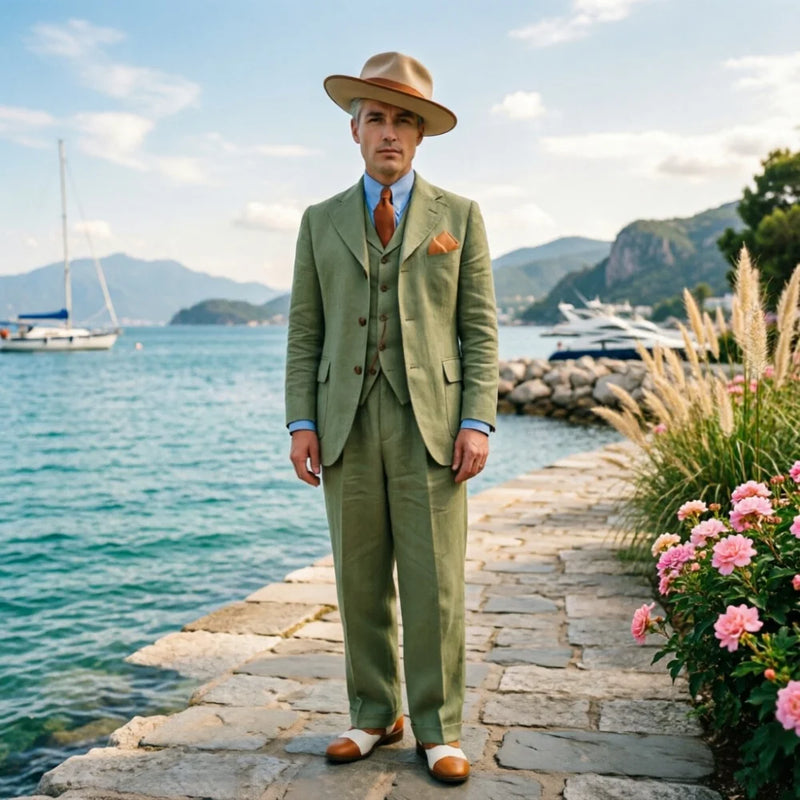 Beige Linen Men 3 Piece Suit 1970s Retro Slim Fit Summer Formal Wear Fabric Vintage Style Groomsmen Outfit for Wedding Party