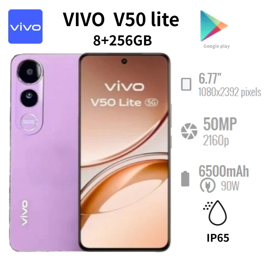 2026 new Vivo V50 Lite 5G Smartphone 6.77-inch 120Hz AMOLED Display 6500mAh Battery 90W Fast Charging 50MP,The gold color is cur