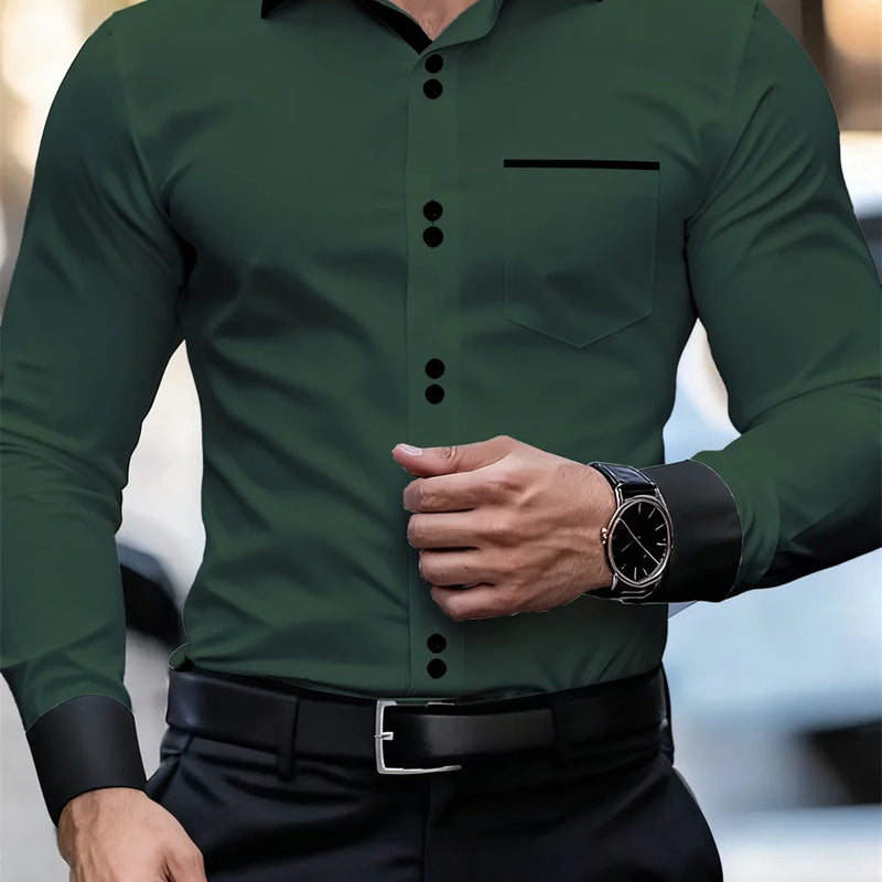 Men's Business Color Block Collar Long Sleeve Shirt, Slim | SAMAG