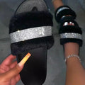 Women's New Thick Bottom Water Diamond Hairy Slippers for Women's Autumn /Winter Flat Bottom Large Slippers