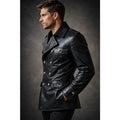 Mens English Gothic Black Leather Trench Coat Military Officer Classic
