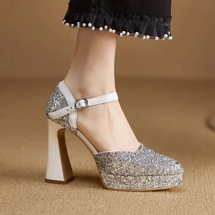 Aphixta Elegant Woman High Heel Pumps Seuined Cloth Upper Bling Party Shoes for Woman Silver Women's Pumps and Heels