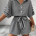 Summer New Set For Women's Casual Loose Comfortable Outfit Fashion Striped Batwing Sleeve Shirt Top+ Shorts 2-piece Sets Woman