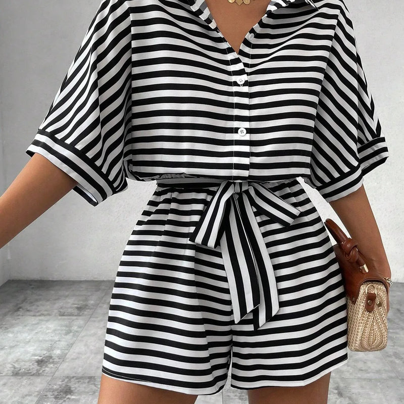 Summer New Set For Women's Casual Loose Comfortable Outfit Fashion Striped Batwing Sleeve Shirt Top+ Shorts 2-piece Sets Woman