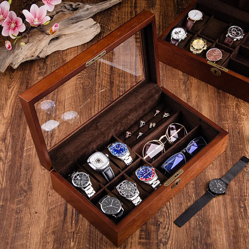 Multi-functional Wooden Men's Jewelry Box With Lock Watch And Sunglasses Box Organizer For Men Women Father's Day Gift