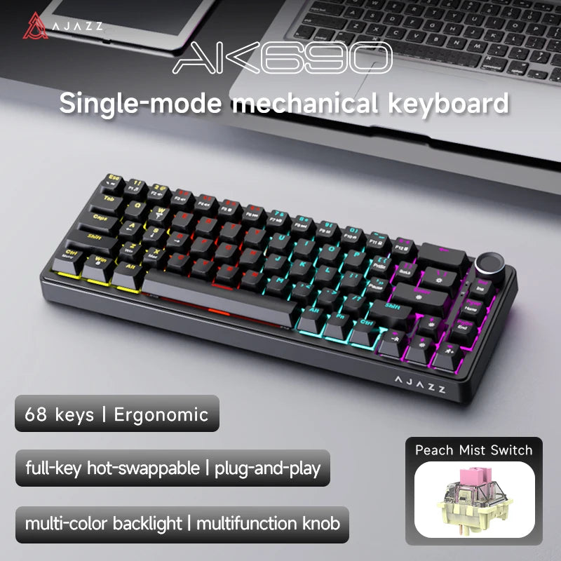 AJAZZ AK690 65% Mechanical Keyboard Wired USB Plug and Play Full-key Hot-Swap Mixed Light 68 Keys Gaming Keyboard for Laptop PC