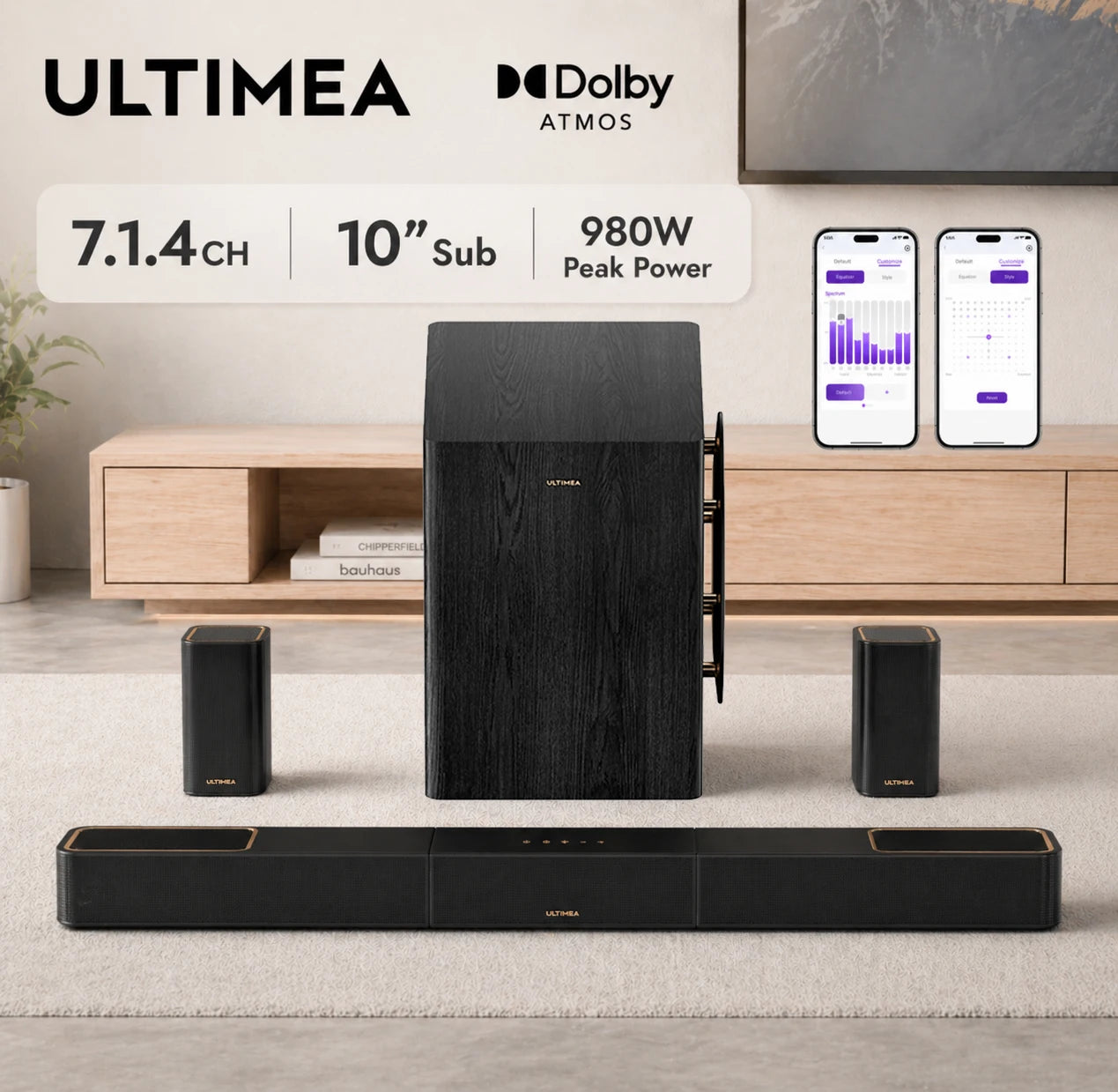 ULTIMEA 7.1.4ch Soundsystem Soundbar, Dolby Atmos&APP Control, Surround Sound System with Subwoofer & 2 Wireless Rear Speakers
