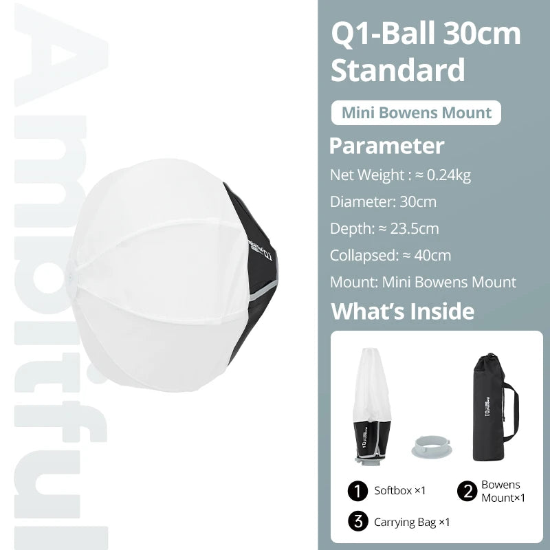 AMBITFUL Q1 Mini Bowens / GODOX Mount 30cm 45cm Octa Softbox 20*55cm Strip Softbox 30cm Softball 45cm Bounce Softbox For GODOX