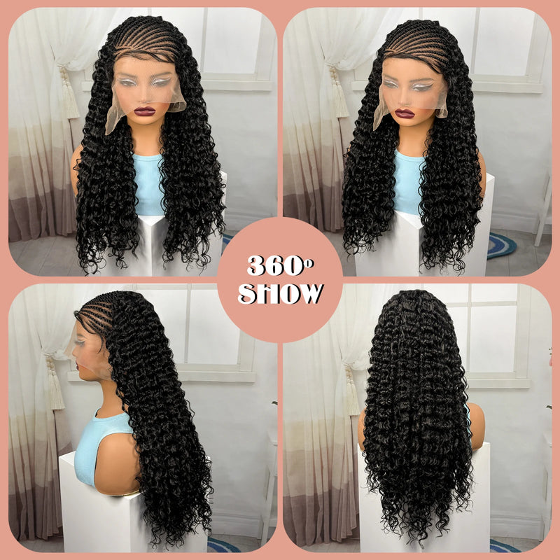 26inch Synthetic Cornrow Braided Wigs 13x4 Lace Frontal Deep Wave Curly Braiding Hair Wigs with Baby Hair for Black Women