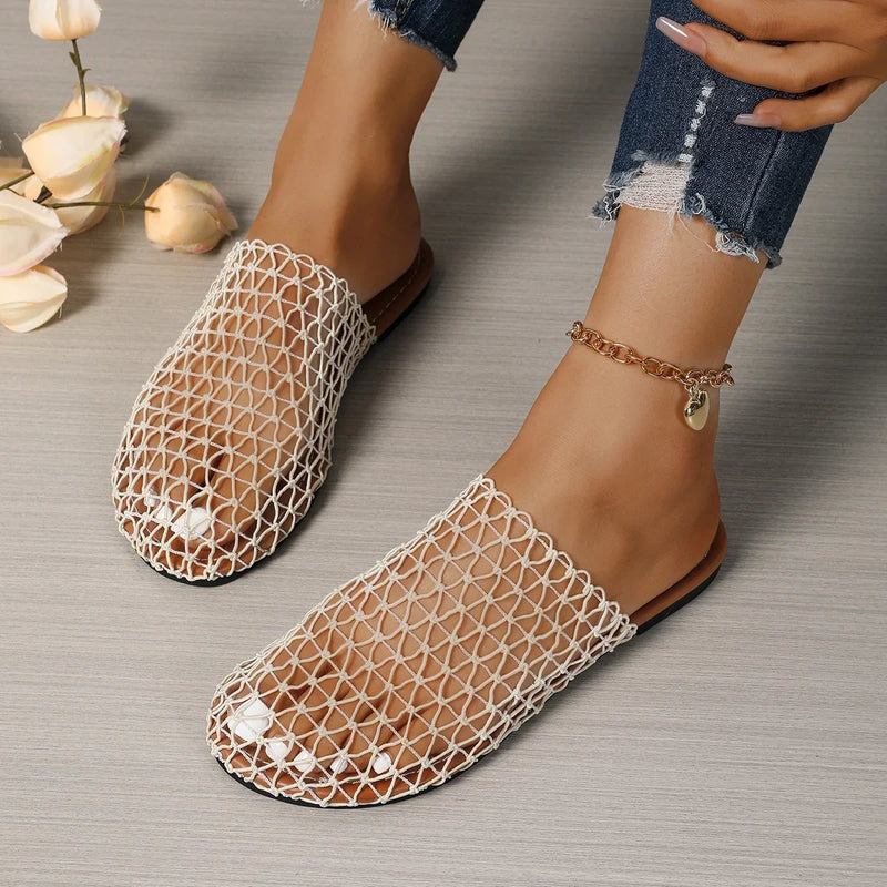 New Round-headed Mesh Shallow-mouth Fashionable Sexy Summer Beach Slippers, Lightweight Anti-slip Elegant Women's Flat Shoes