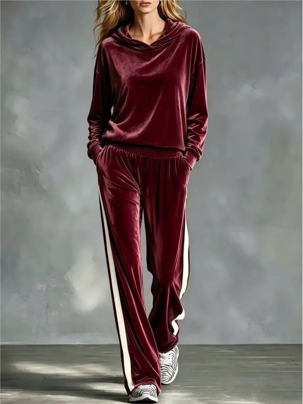 AAutumn New Women's Hooded Sweatshirt Trousers 2-piece Casual Loose Velvet Sports Fashion Patchwork Female Trousers Suit 2026