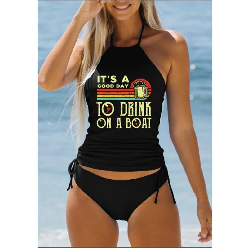 Sexy Solid Print Tankini Set Tied Halter Bikini Swimsuit | SAMAG