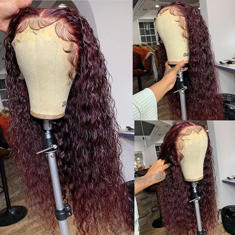 TIMOPOL 13×4 Lace Front Wigs 99J Jerry Curl Wigs For Women High Density Pre-Plucked Hairline Red Curly Human Hair Wigs